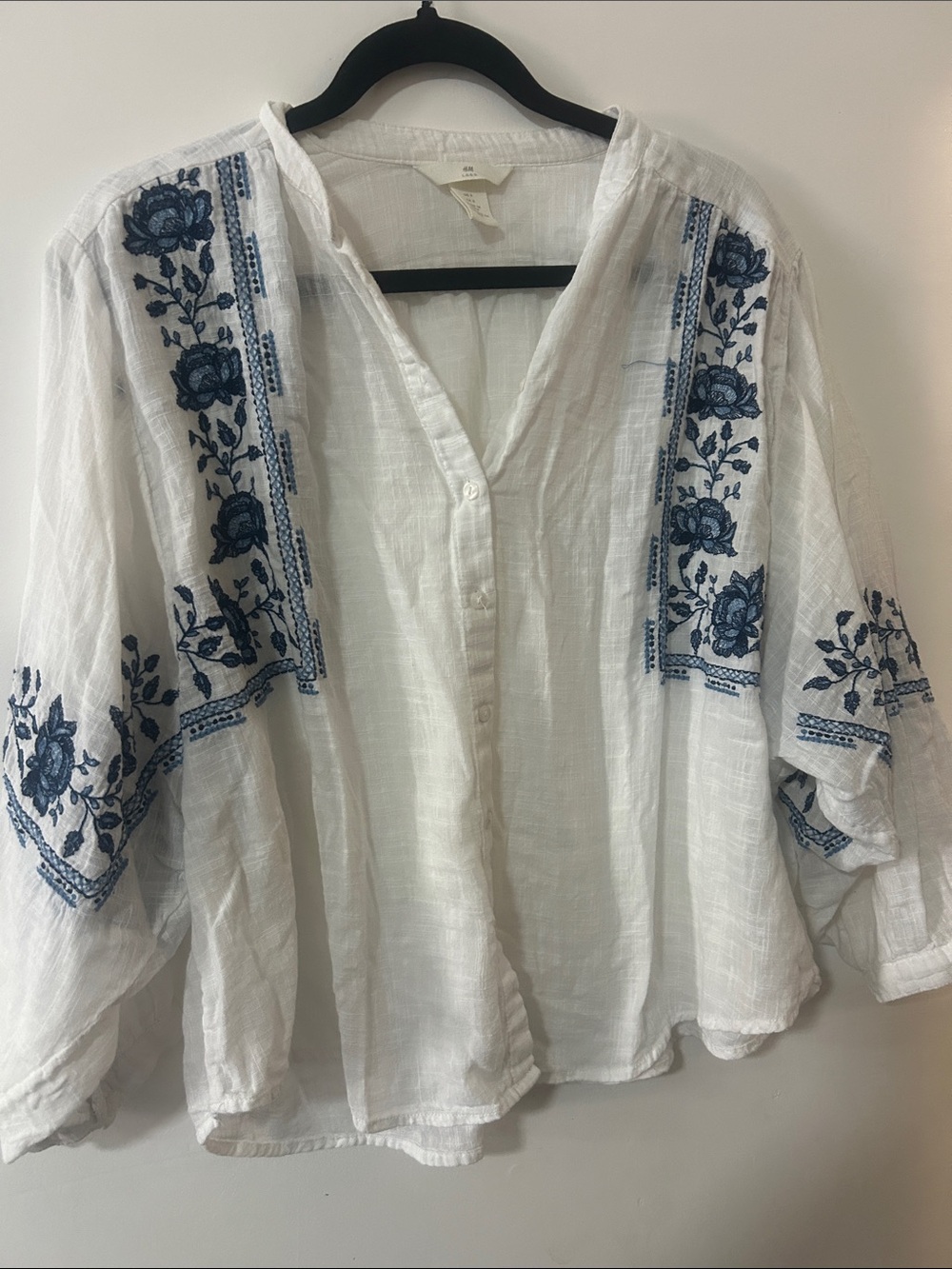 H&M White Gauze Tunic Top with Blue Floral Embroidery